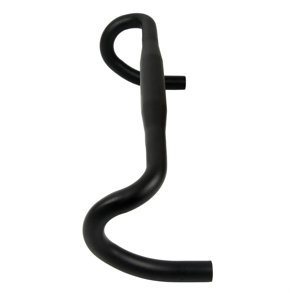 Black aluminium alloy road bike bent handlebar showing its curved shape and clamp area