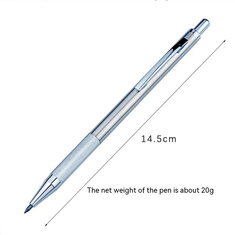 Metal automatic mechanical pencil showing six compatible lead sizes from 0.3mm to 2.0mm