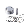 Motorcycle engine piston kit showing aluminium alloy construction with 57.4mm diameter measurement