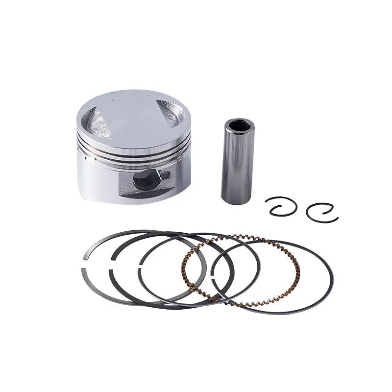 Motorcycle engine piston kit showing aluminium alloy construction with 57.4mm diameter measurement