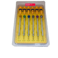 Six-piece watch repair screwdriver set with coloured aluminium handles and spring steel cutter heads