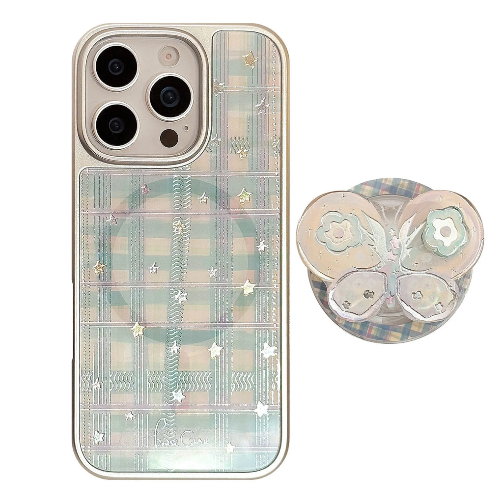 Gilding phone case with rotating bow magnetic bracket in silver edge magnetic green grid yellow and pink star.