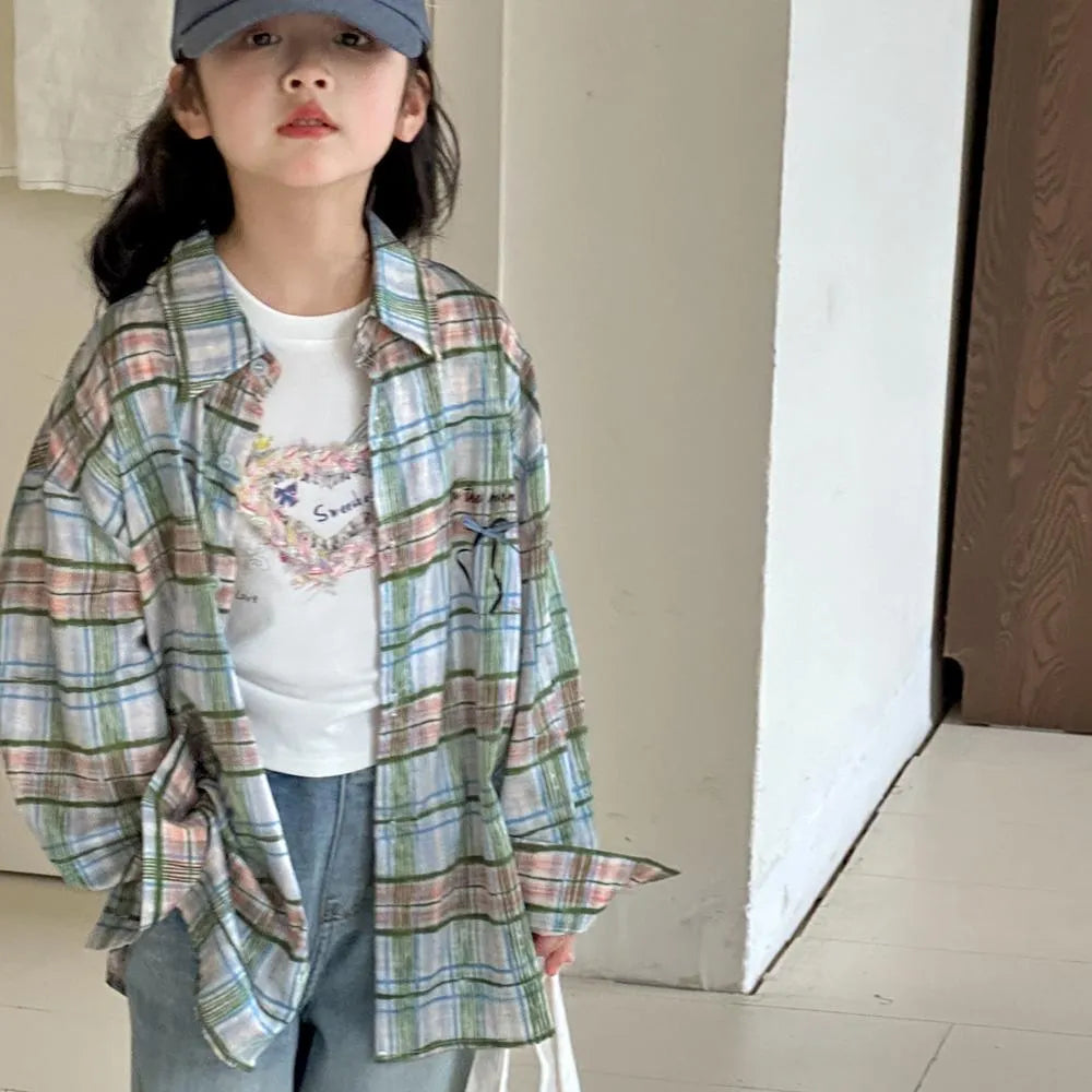 Girls' blue plaid cotton long sleeve shirt for spring and autumn, available in 110cm to 160cm heights