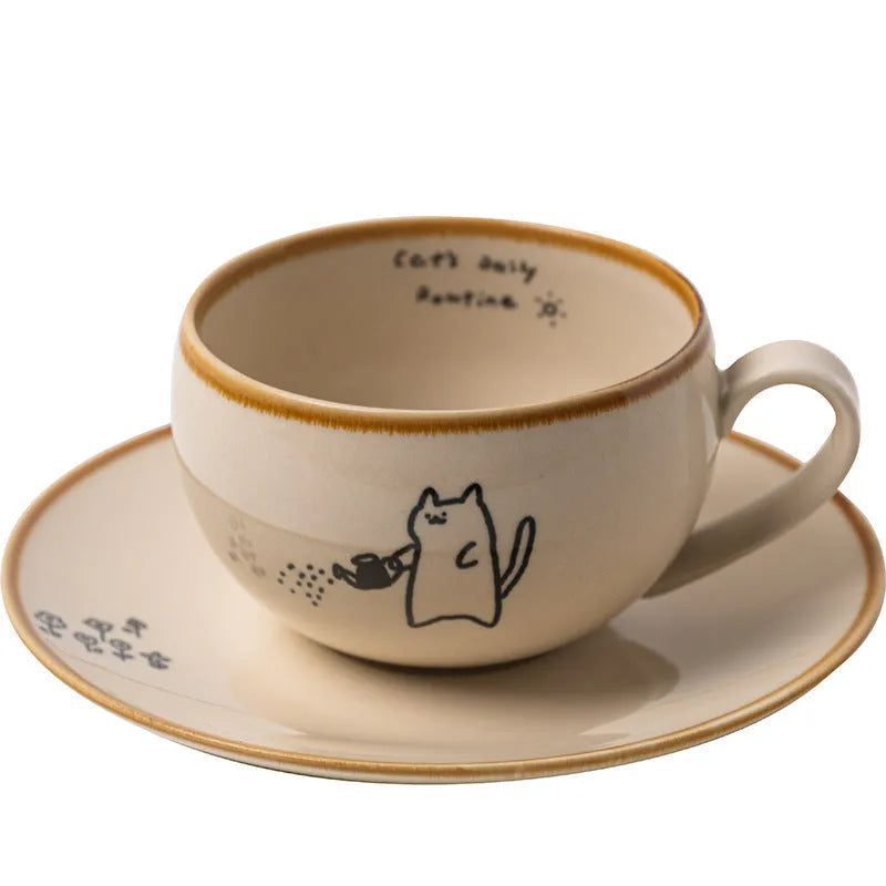 Cute cartoon Japanese cat ceramic coffee cup 250ml with rest illustration on white background