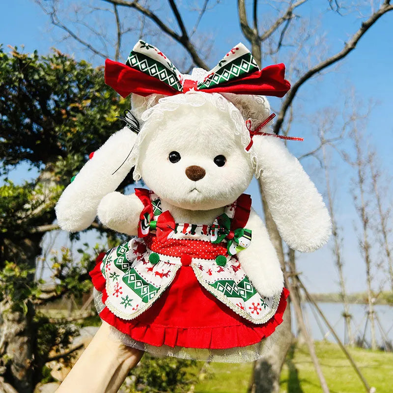 30cm Momo bear plush doll wearing a red plaid dress Christmas costume set with cloak