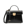 Black genuine leather women's clasp shoulder bag with square shape and long strap.
