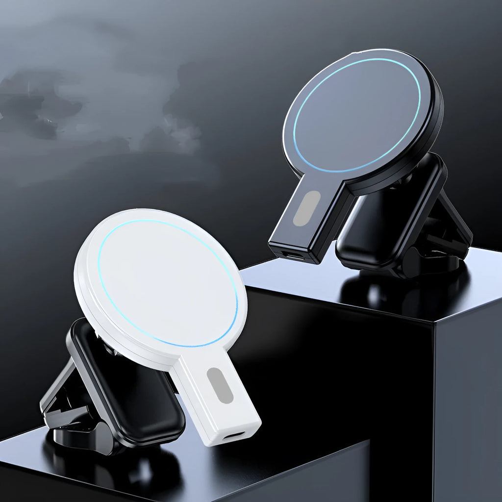 White magnetic wireless charger with smartphone attached showing 15W fast charging