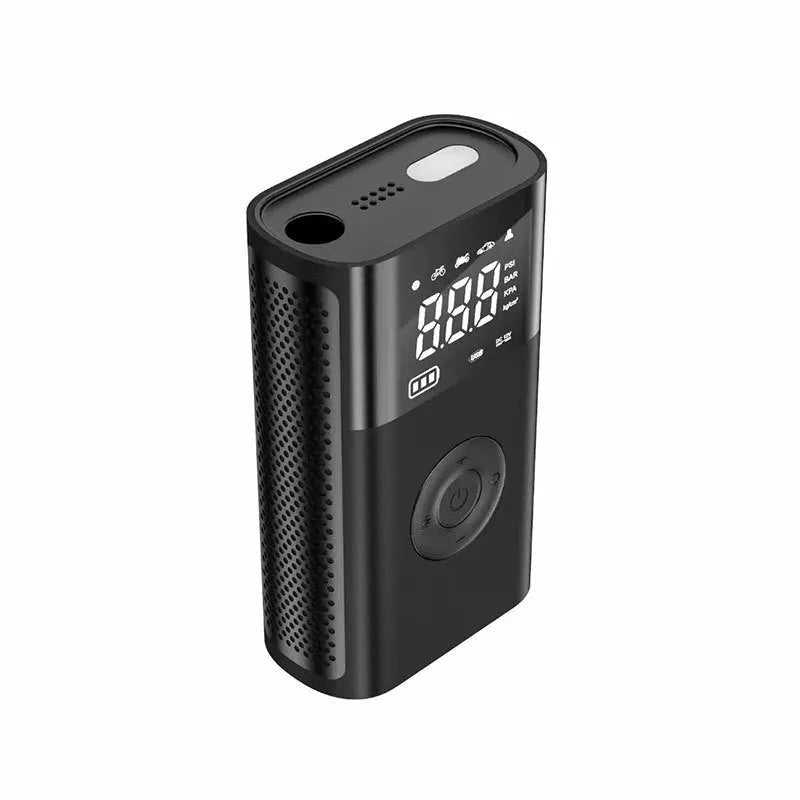 Wireless digital display handheld air pump with LED light, digital screen, and assorted inflation nozzles.