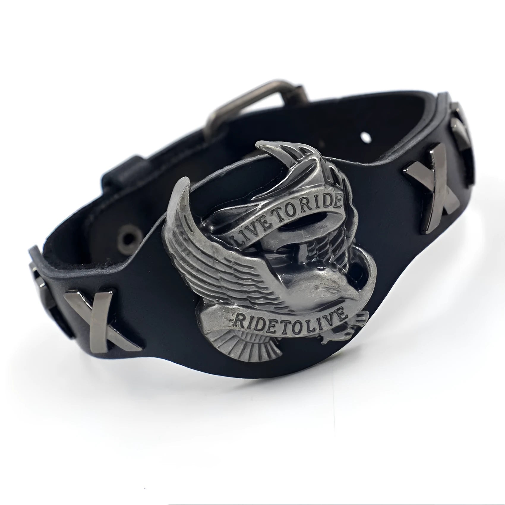 Black leather bracelet with a geometric alloy eagle watch-buttom decoration.