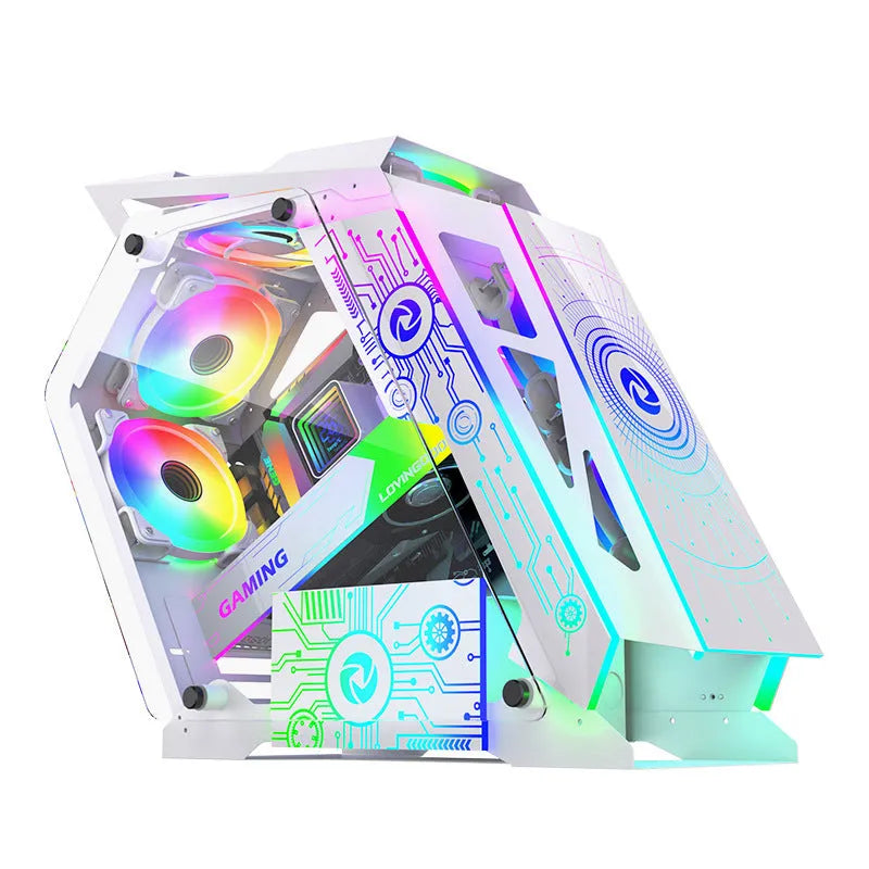 Special-shaped table computer case in bare metal finish with internal RGB fan lighting visible