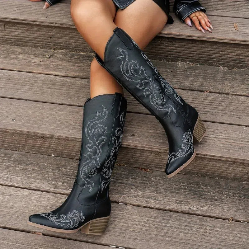 Women's embroidered denim over-the-knee boots with satin upper, round toe, medium heel.