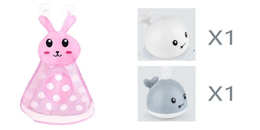 Electric whale-shaped bath spray toy with water-activated automatic spray, LED lights, and floating capability