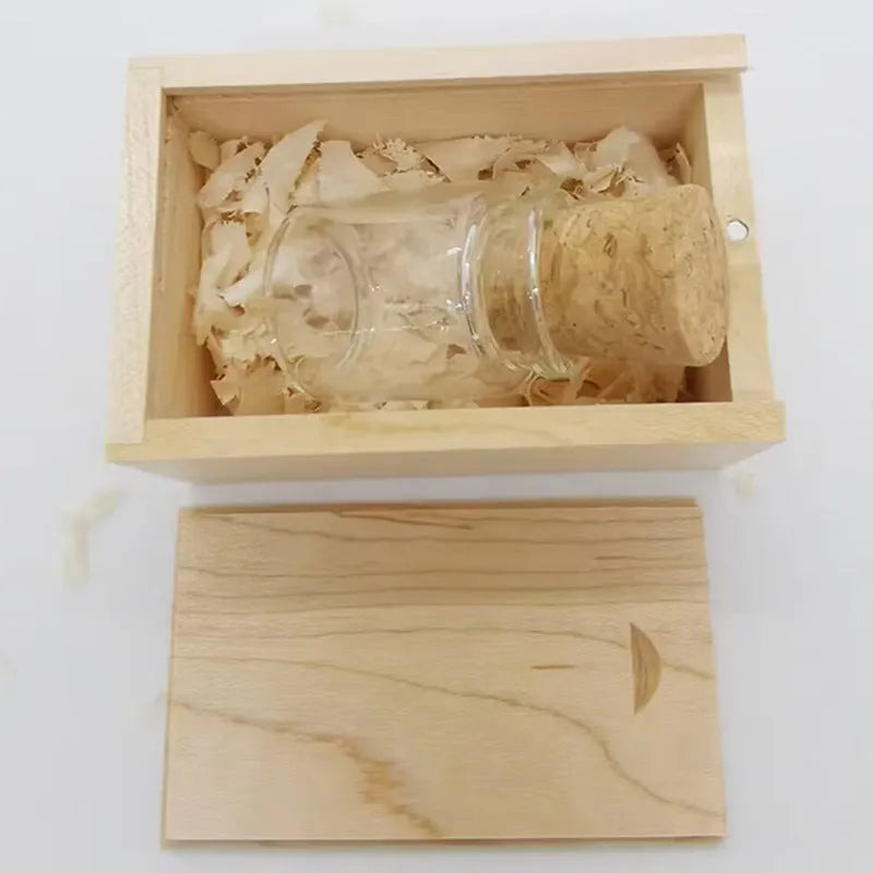 Wooden bottle-shaped USB flash drive on a keyring with transparent finish showing wood grain.