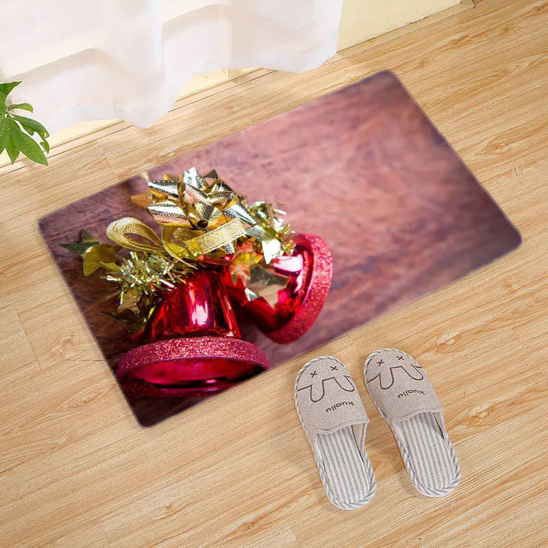 Flannel Christmas door mat with red pattern, thin 40x60cm size, on a tiled floor