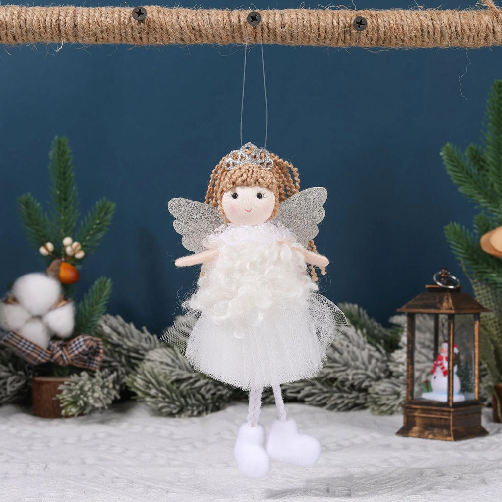 Cartoon-style Christmas angel fabric hair pendant on a girl's high ponytail.