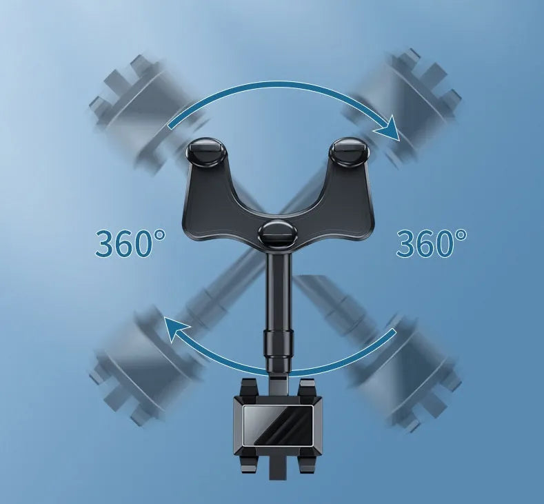 Rotating navigation bracket mounted on car rearview mirror showing left-right adjustment
