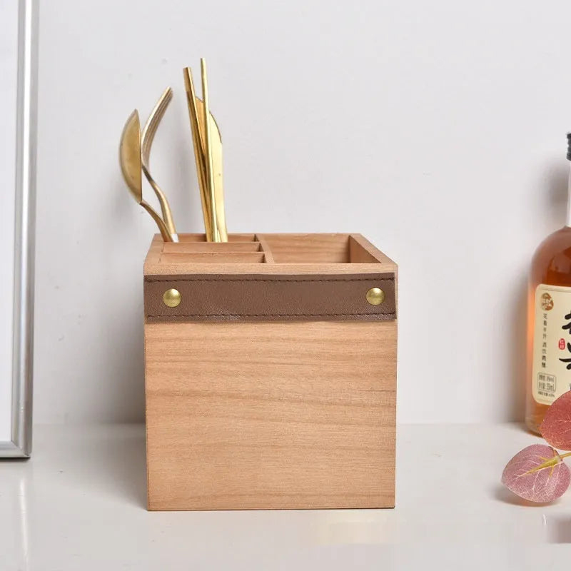 Wooden kitchen storage box with grid dividers for knives, forks and chopsticks