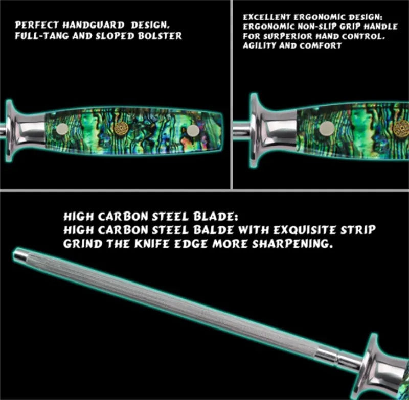High carbon steel kitchen knife sharpener with abalone shell handle.