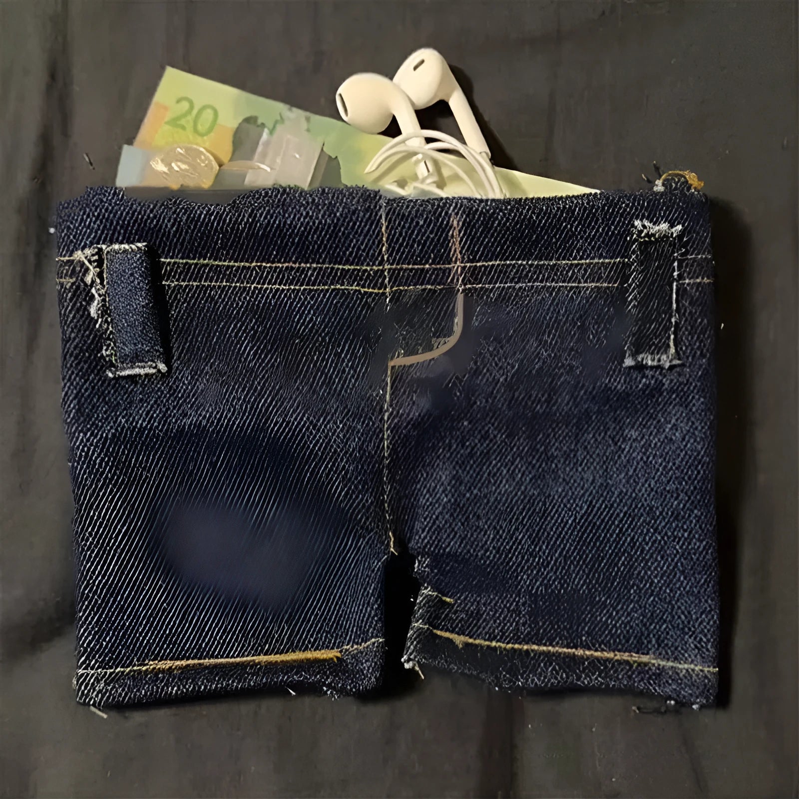 Foldable jeans shape coin purse in fabric material with American style design, jeans colour finish