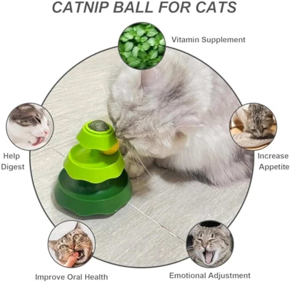 Tree-shaped cat toy track with two tiers of rolling balls and a catnip ball under a green cover on the floor