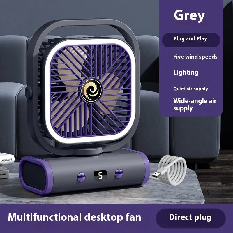 Rechargeable shaking head desktop fan in greyish purple with USB cable, 240x180x96 mm size