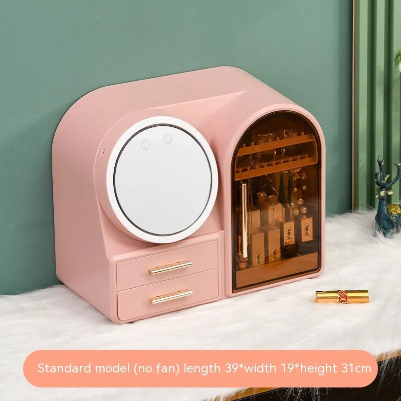 Plastic cosmetics storage rack with LED mirror and fan in milky white colour, 35L capacity for makeup organisation