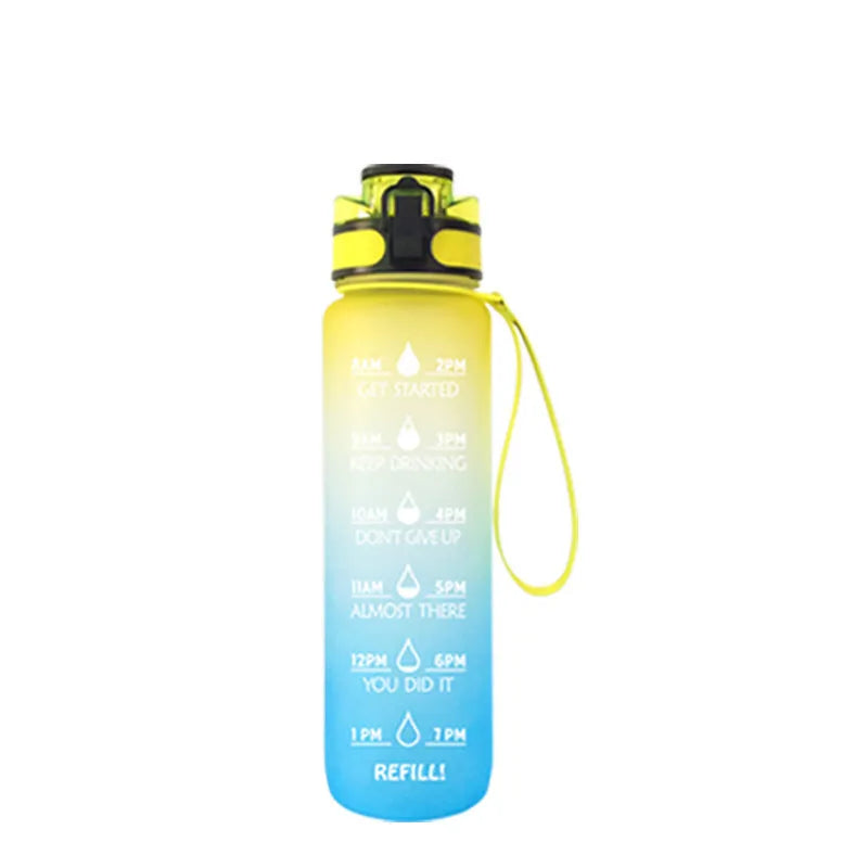 Transparent 1000ml sports water bottle with fruit infuser showing BPA-free Tritan construction