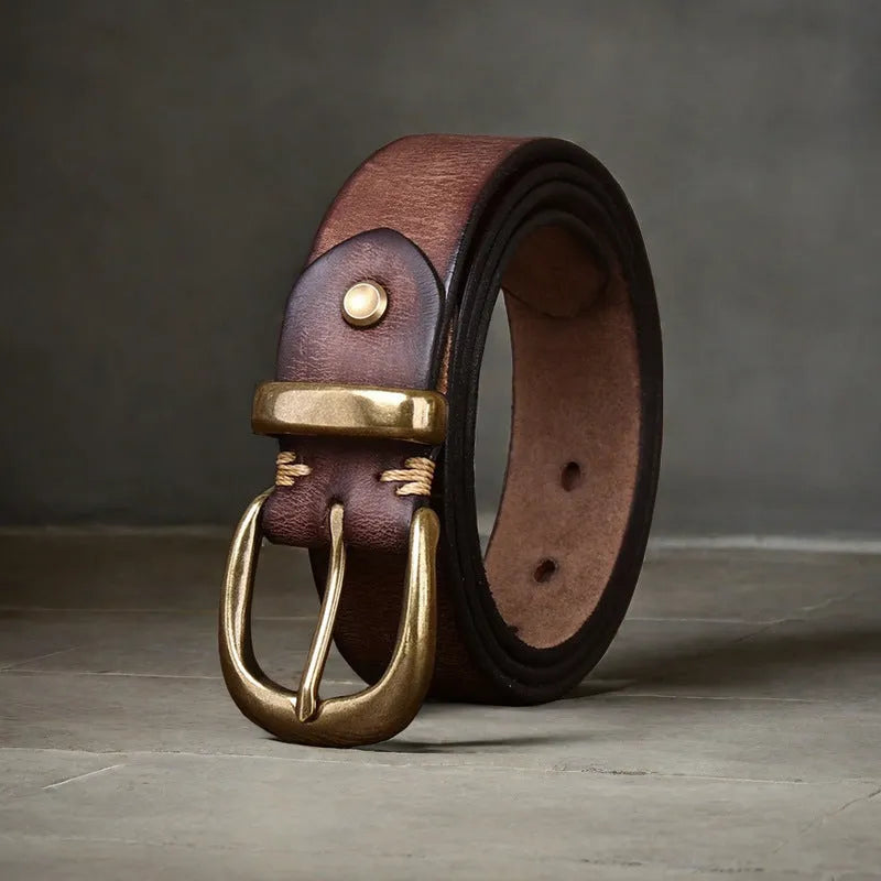 Men's black genuine leather casual belt with a copper pin buckle, showing length adjustment holes.