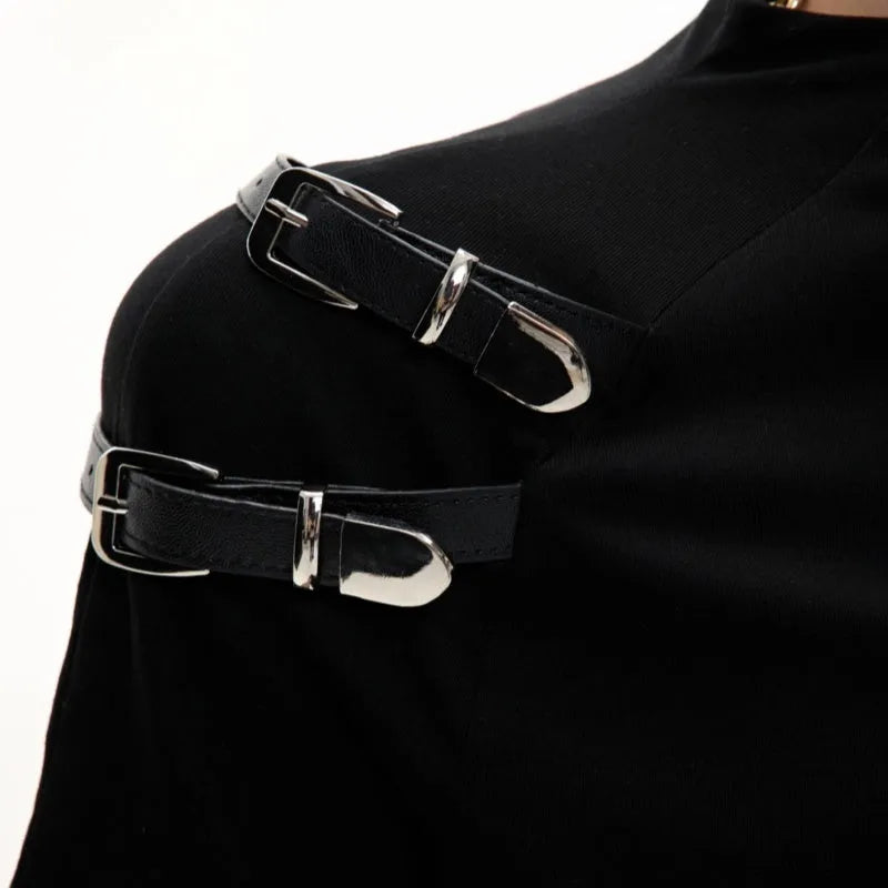 Men's cotton T-shirt with metal belt design and small stand-up collar slim fit short sleeve