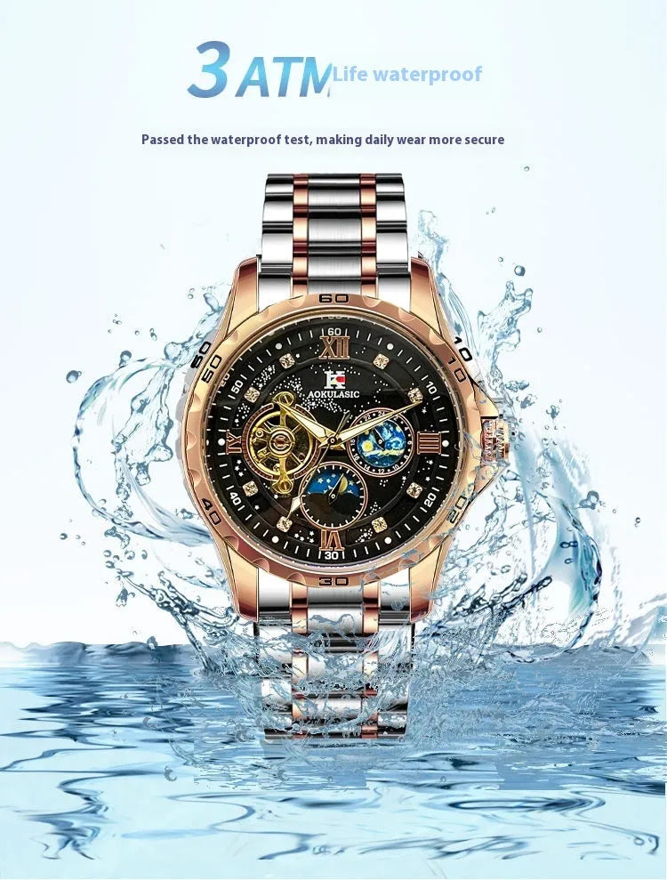 Men's rose gold and black automatic mechanical watch with large dial