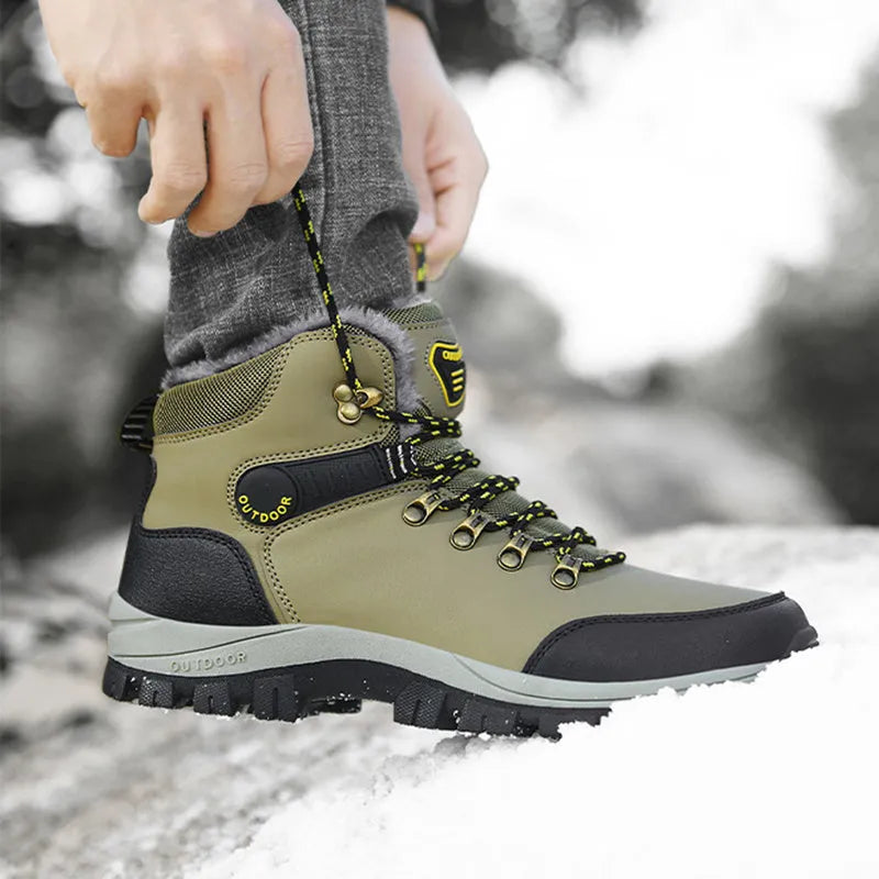 Men's winter snow boots with plush lining, lace-up front, synthetic leather upper, and TPR outsole in grey colour