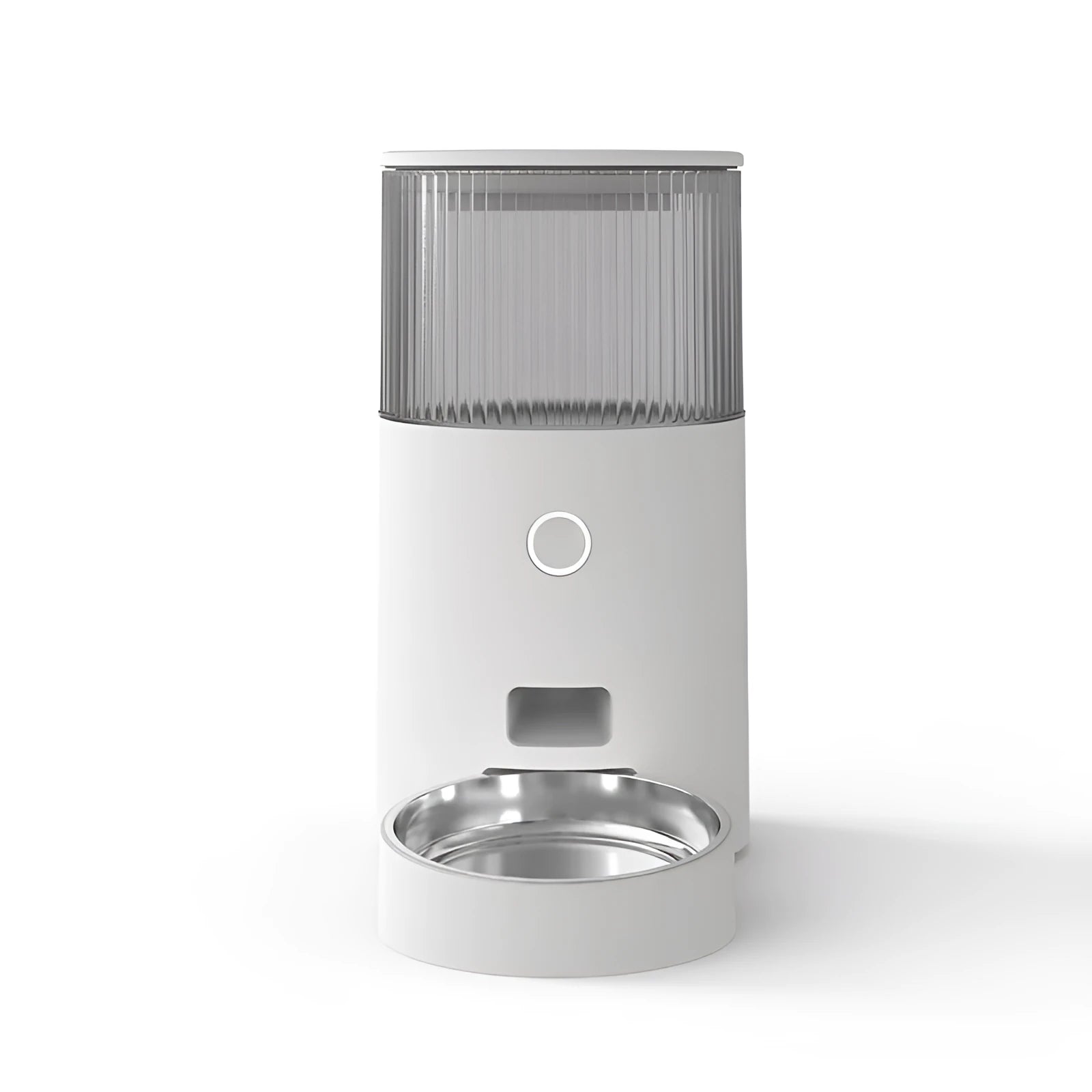 White ABS automatic cat drinking fountain on a flat surface with water in the bowl