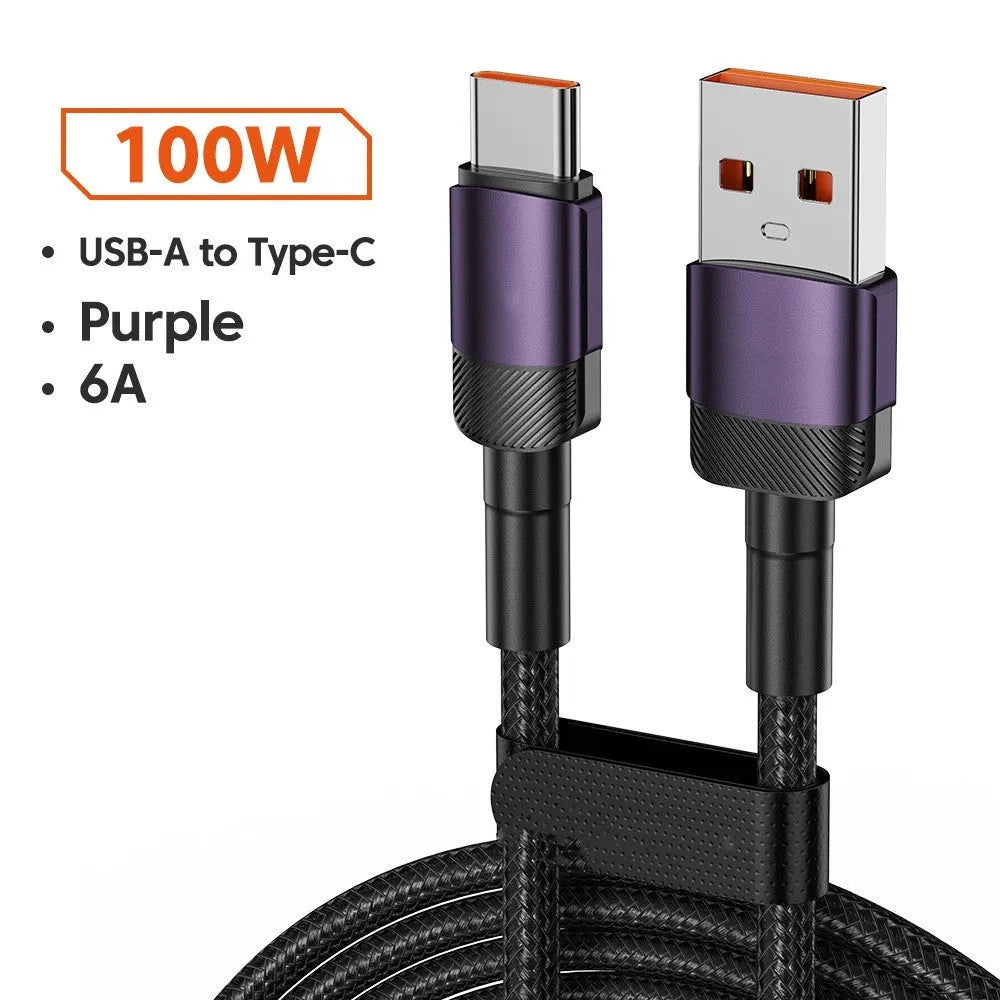Aluminium alloy USB C fast charge cable with woven braiding in blue colour showing connector detail