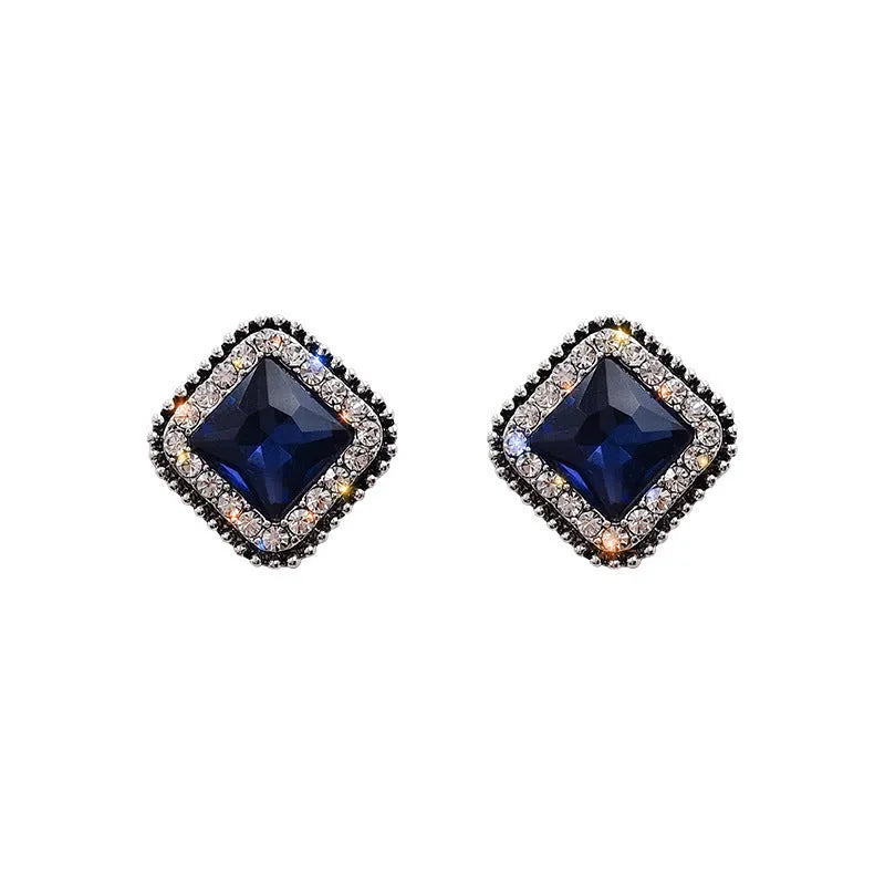 Blue geometric square diamond inlay earrings for women, Korean fashion sweet cool style, zinc alloy