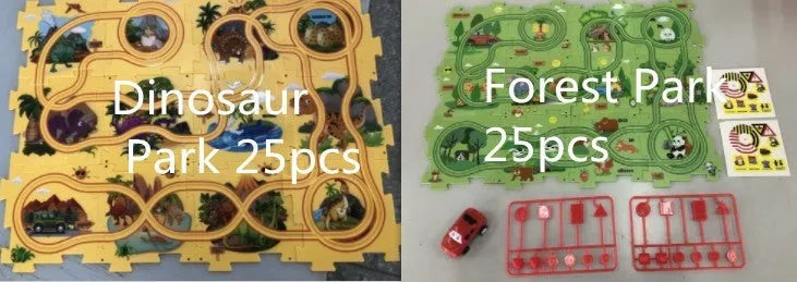 Children puzzle electric railroad speeder DIY assembly track set with automatic car and plastic pieces in multiple themes