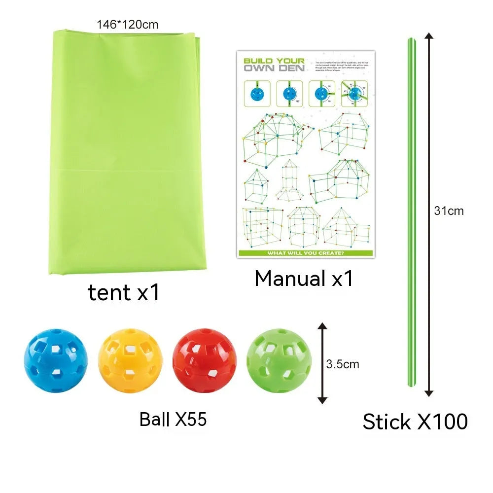 Luminous plastic fort building kit for kids with connecting sticks, balls, and storage bag.