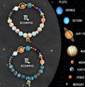 Set of twelve natural stone beaded bracelets, each with a different zodiac sign design, on a stretch elastic cord.