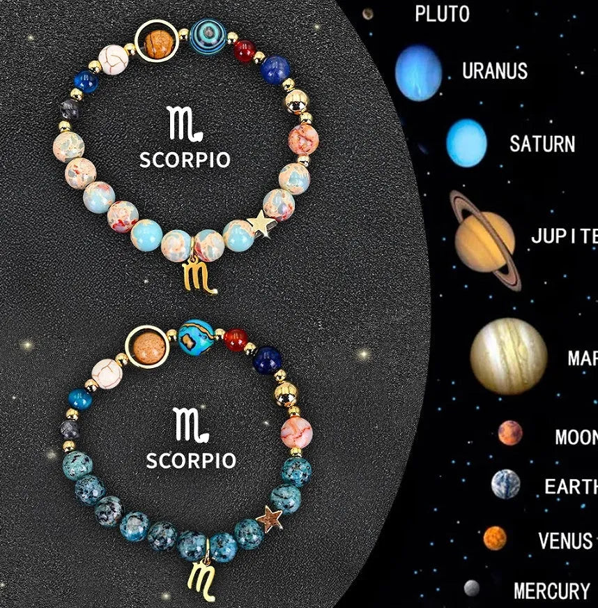 Set of twelve natural stone beaded bracelets, each with a different zodiac sign design, on a stretch elastic cord.