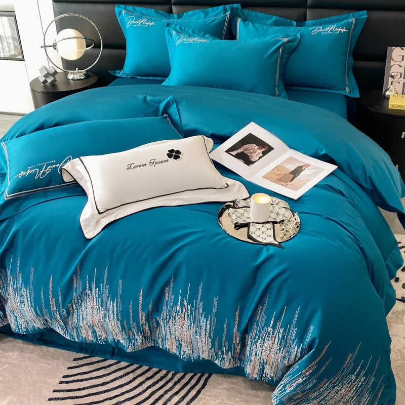 Pure cotton four-piece bedding set with embroidery and reactive printing in dove grey