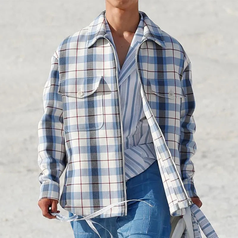 Men's slim fit long sleeve plaid shirt in Blue Plaid with lapel collar, woven polyester fabric