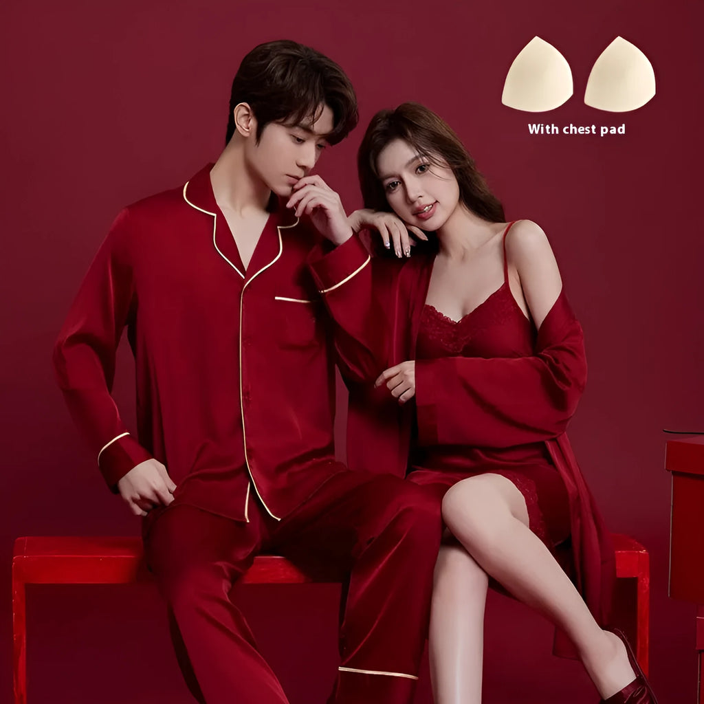 Red ice silk wedding dowry sleepwear set for men and women with long sleeves and trousers