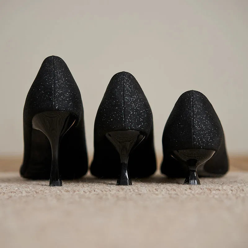 Black French style sequined high heels with 7CM stiletto heel and low-cut upper