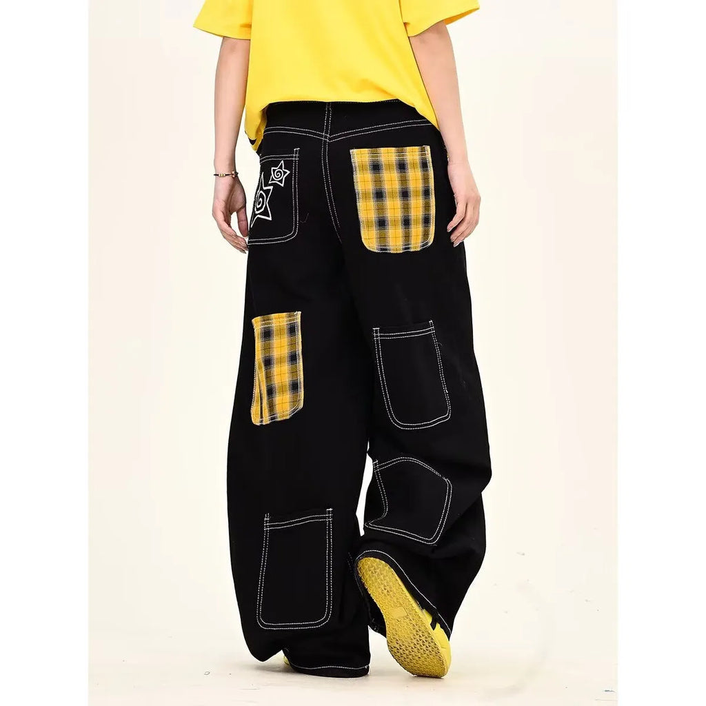 Black personalised letter jeans mid waist cotton denim hip hop trousers zip placket