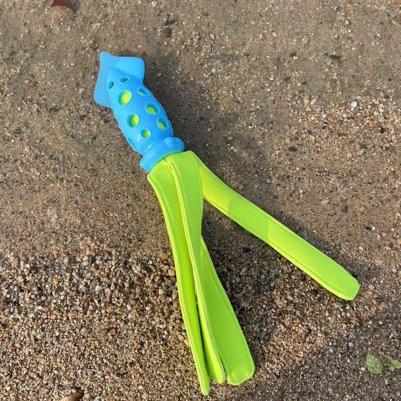 Blue squid-shaped dog chew toy with rubber tentacles and waterproof cloth elements measuring approximately 39cm