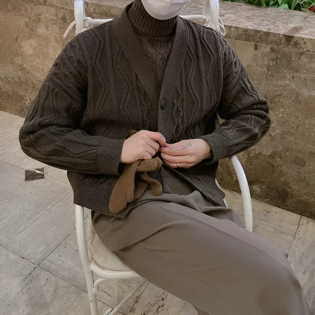 Coffee brown loose fit cardigan sweater coat with long sleeves and thickened acrylic fabric on a model