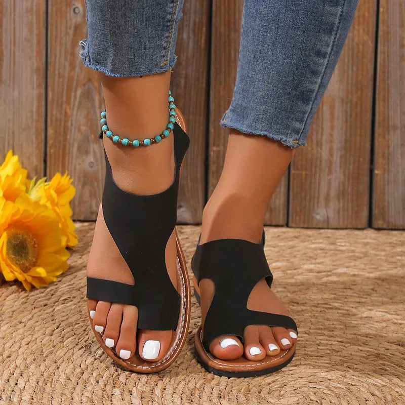 Women's cross-strap flat sandals retro broadband patent PU upper low top round toe summer casual footwear