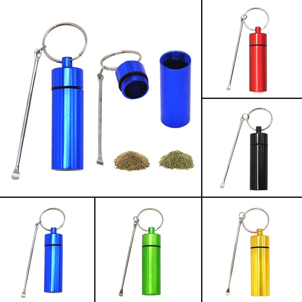 Aluminum portable pill box with spoon and keychain in five colour options