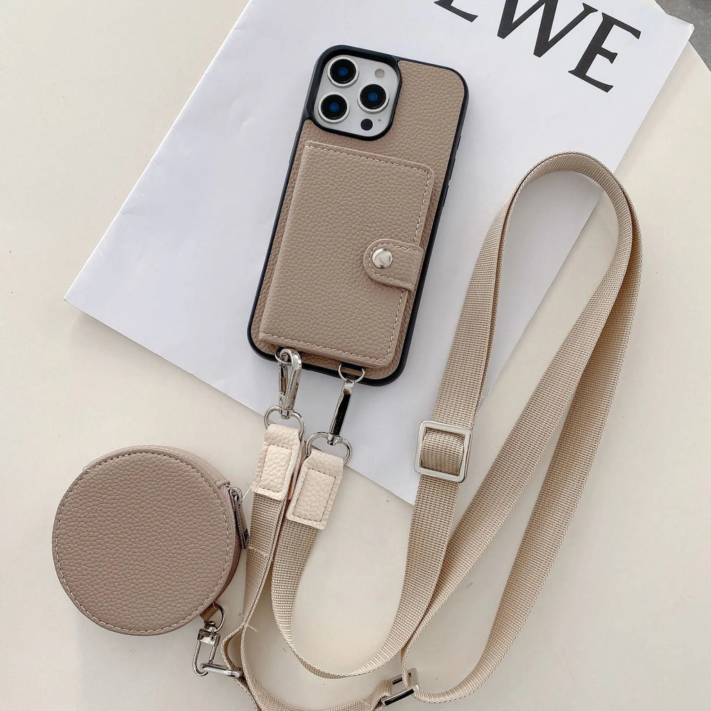 Black PC leather phone case with card slot and attached lanyard for iPhone, shown alongside credit cards.