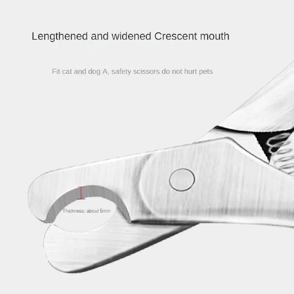Silver professional pet nail clipper with stainless steel blades and safety guard.
