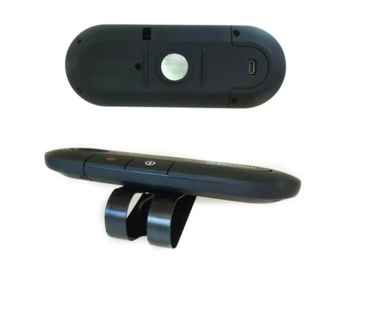 Black vehicle-mounted Bluetooth handsfree and music player device attached to a car sun visor.
